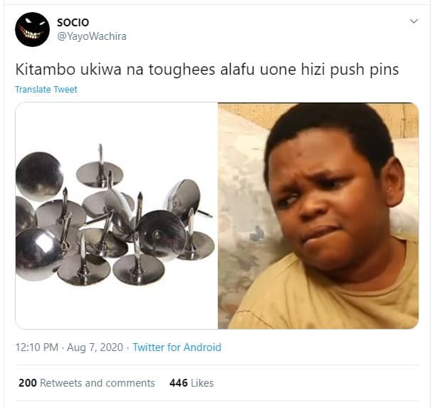 Socio yayowachira kitambo ukiwa na toughees alafu uone hizi push pins translate
