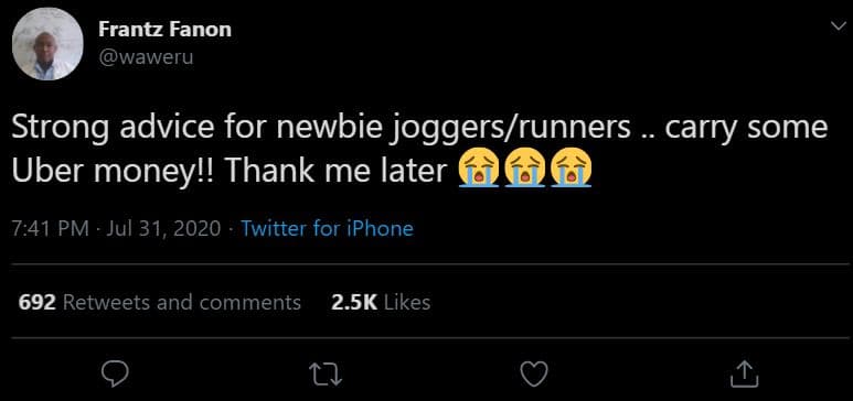 Frantz fanon waweru strong advice for newbie joggersrunners carry some uber mone