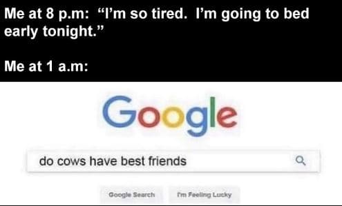 Me at 8 p.m i'mso tired. l'm going to bed early tonight. me at 1 am google do co