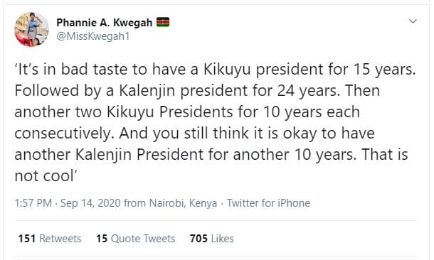 Phannie a kwegah misskwegah1 'it's in bad taste to have a kikuyu president for 1
