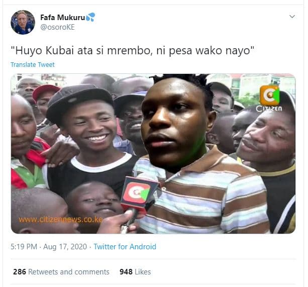 Fafa mukuru osoroke 'huyo kubai ata si mrembo ni pesa wako nayo' translate twvee