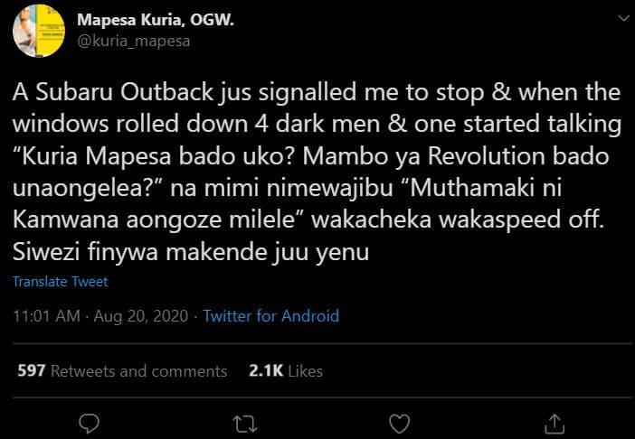Mapesa kuria, ogw. kuria mapesa a subaru outback jus signalled me to stop when t