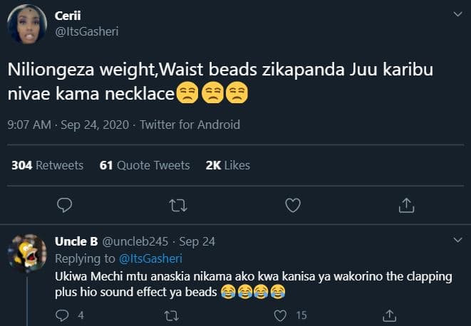 Cerii itsgasheri niliongeza weight, waist beads zikapanda juu karibu nivae kama
