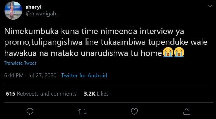 Sheryl mwanigah nimekumbuka kuna time nimeenda interview ya promo,tulipangishwa