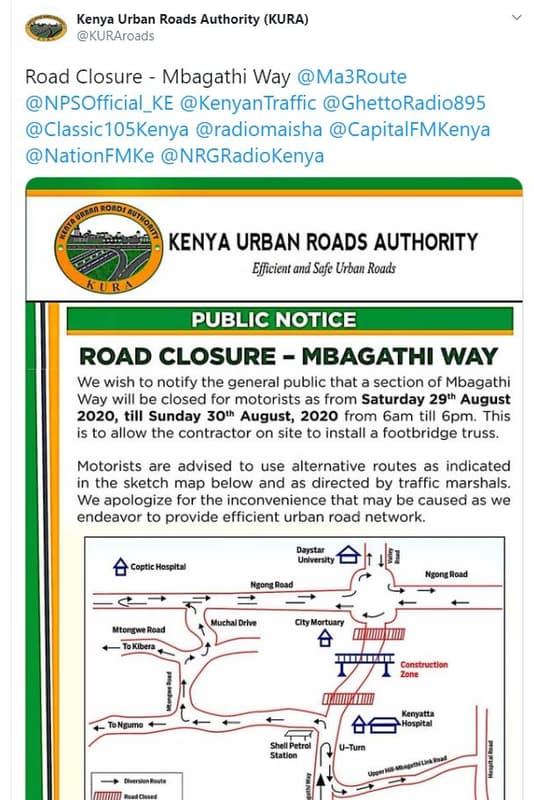 Kenya urban roads authority kura kuraroads road closure mbagathi way ma3route np