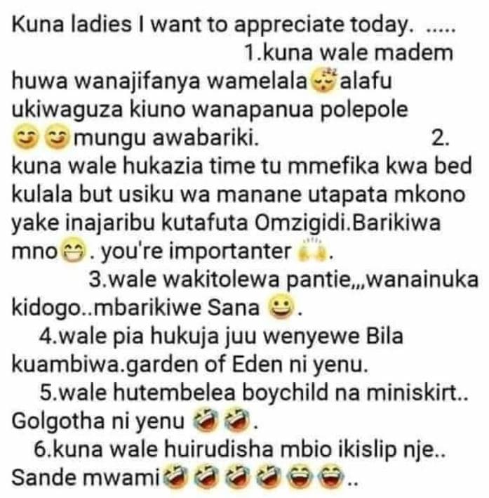 Kuna ladies want to appreciate today. 1.kuna wale madem huwa wanajifanya wamelal