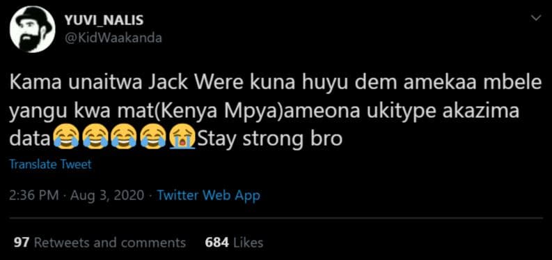Yuvi_nalis kidwaakanda kama unaitwa jack were kuna huyu dem amekaa mbele yangu k