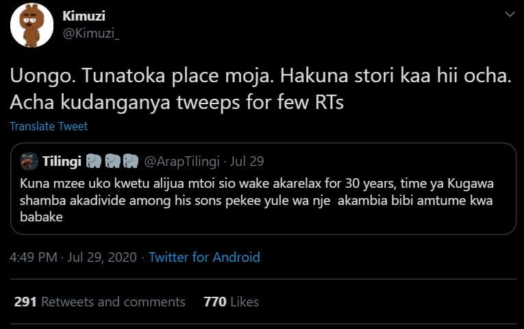 Kimuzi kimuzi uongo. tunatoka place moja. hakuna stori kaa hii ocha. acha kudang