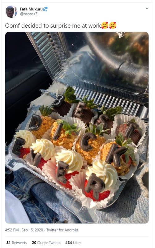 Fafa mukuru osoroke oomf decided to surprise me at work 4.52 pm . sep 15, twitte