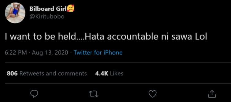 Bilboard girl kiritubobo want to be held. hata accountable ni sawa lol 6.22 pm a