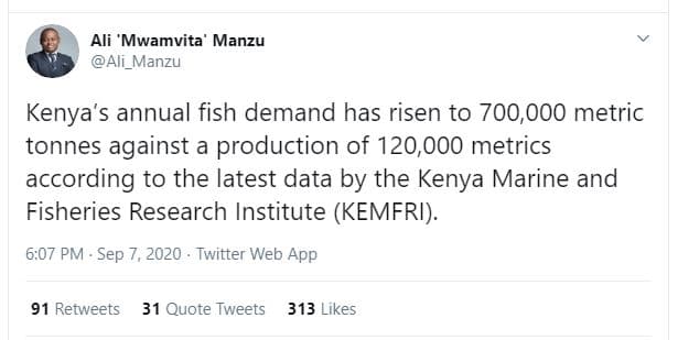 Ali mwamvita manzu ali_manzu kenya's annual fish demand has risen to 700,000 met