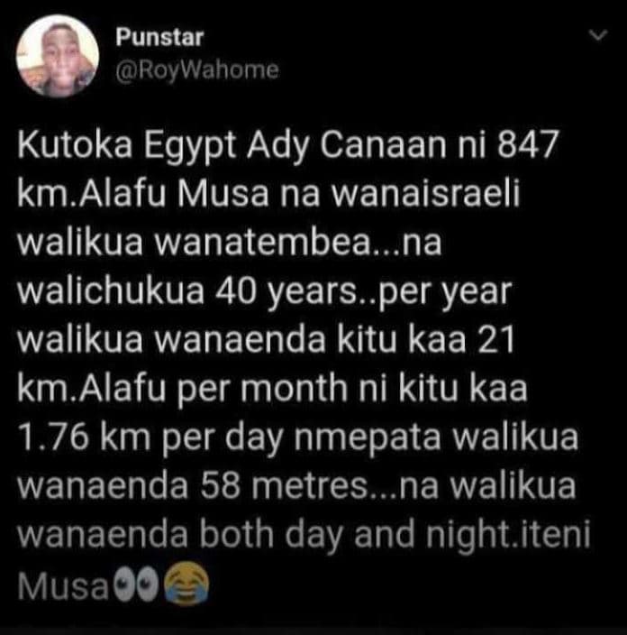 Punstar roywahome kutoka egypt ady canaan ni 847 km alafu musa na wanaisraeli wa
