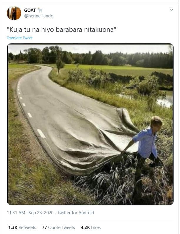 Goat herine_lando kuja tu na hiyo barabara nitakuona translate tweet 11.31 am se