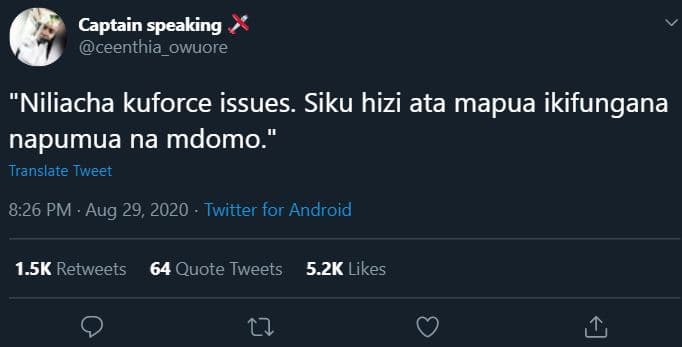Captain speaking ceenthia owuore niliacha kuforce issues. siku hizi ata mapua ik