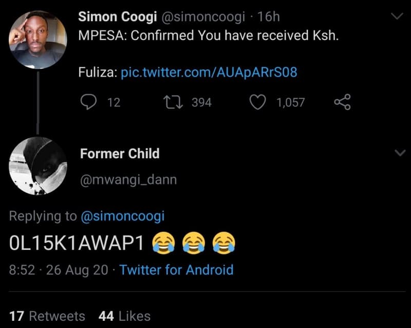 Simon coogi simoncoogi 16h mpesa confirmed you have received ksh. fuliza pic twi