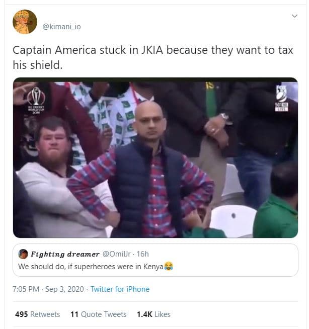 Kimani_io captain america stuck in jkia because they want to tax his shield. fig