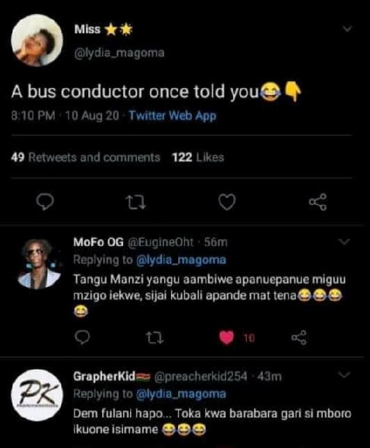 Miss iydla_magoma a bus conductor once told you 8 10 pm 10 aug 20 ' twitter web