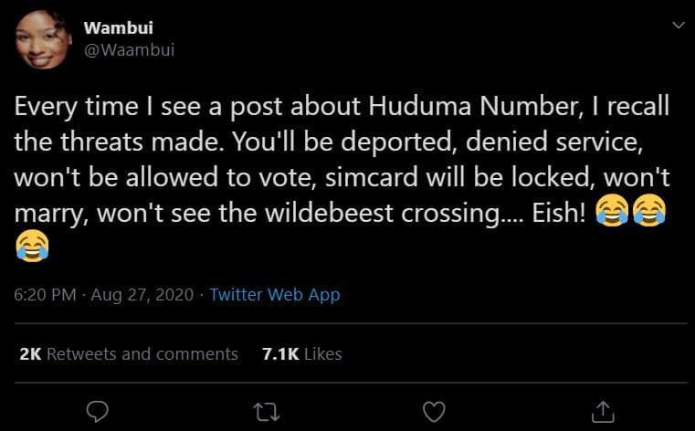 Wambui waambui every time see a post about huduma number, recall the threats mad