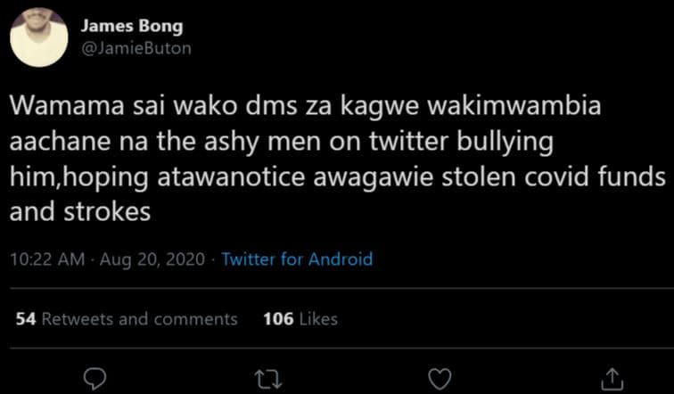 James bong jamiebuton wamama sai wako dms za kagwe wakimwambia aachane na the as