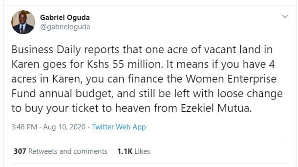 Gabriel oguda gabrieloguda business daily reports that one acre of vacant land i