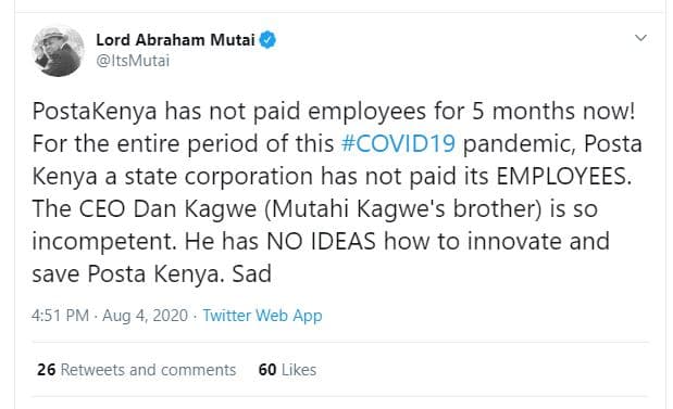 Lord abraham mutai itsmutai postakenya has not paid employees for 5 months now!