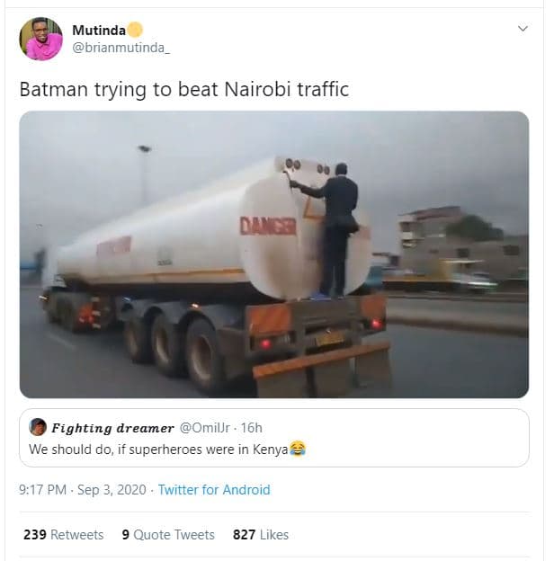 Mutinda brianmutinda_ batman trying to beat nairobi traffic d? fighting dreamer