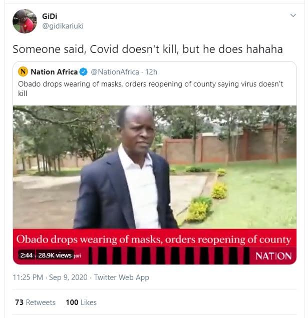 Gidi gidikariuki someone said, covid doesn't kill, but he does hahaha nation afr