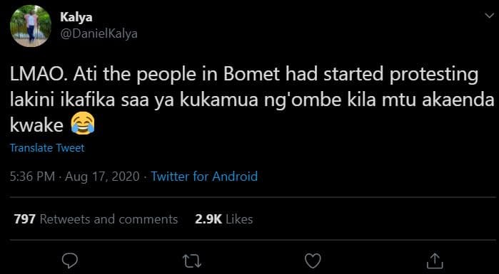 Kalya danielkalya lmao. ati the people in bomet had started protesting lakini ik
