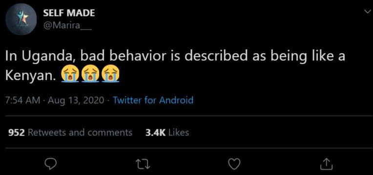 Self made marira in uganda bad behavior is described as being like a kenyan. 7.5