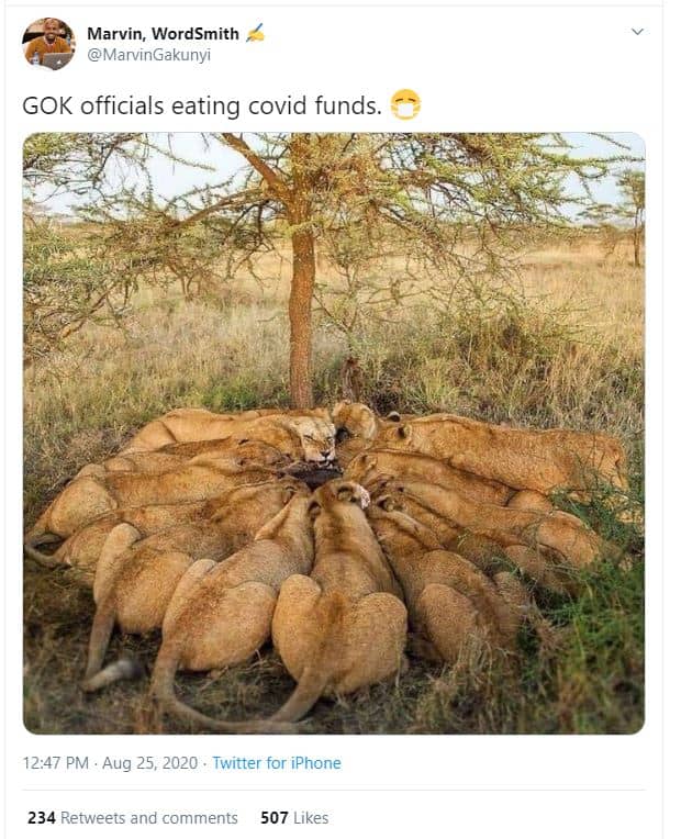 Marvin, wordsmith marvingakunvi gok officials eating covid funds. 12.47 pm . aug