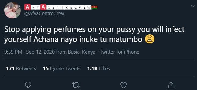 Ce ibe?e afyacentrecrew stop applying perfumes on your pussy you will infect you