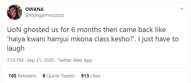 Owana kkingjamezzzzzz uon ghosted us for 6 months then came back like 'haiya kwa