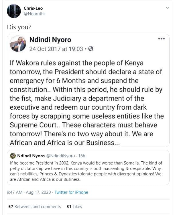 Chrisleo ngaruthi dis you? ndindi nyoro 24 oct at 19.03 0 if wakora rules agains