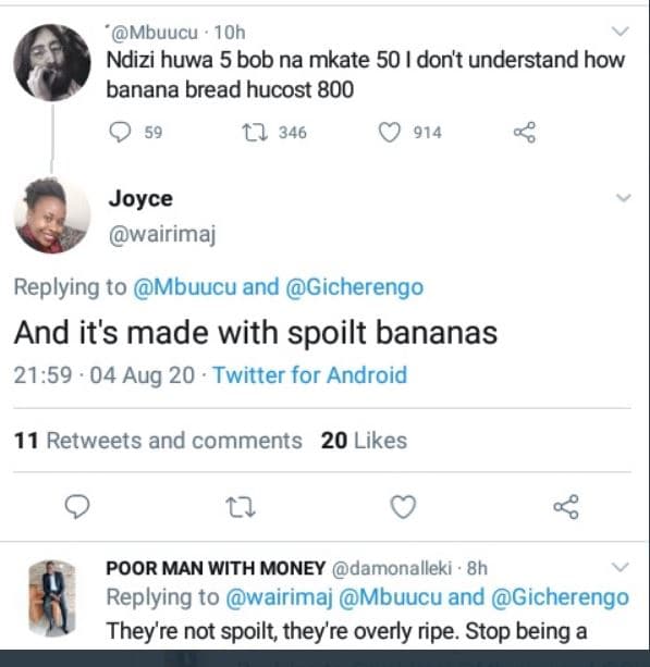 Mbuucu 10h ndizi huwa 5 bob na mkate 50 don't understand how banana bread hucost