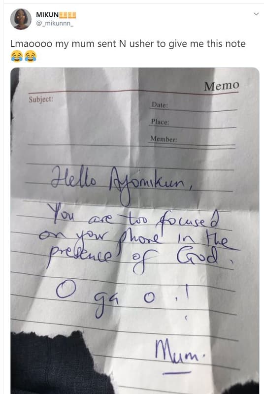 Mikun mikunnn_ lmaoooo my mum sent n usher to give me this note memo subject pln