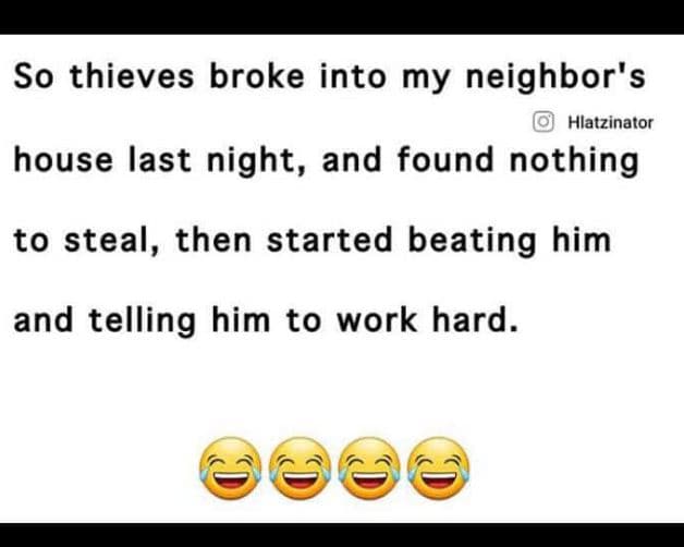 So thieves broke into my neighbor's hlatzinator house last night, and found noth