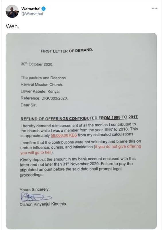 Wamathai wamathai weh. first letter of demand. 30 october the pastors and deacon