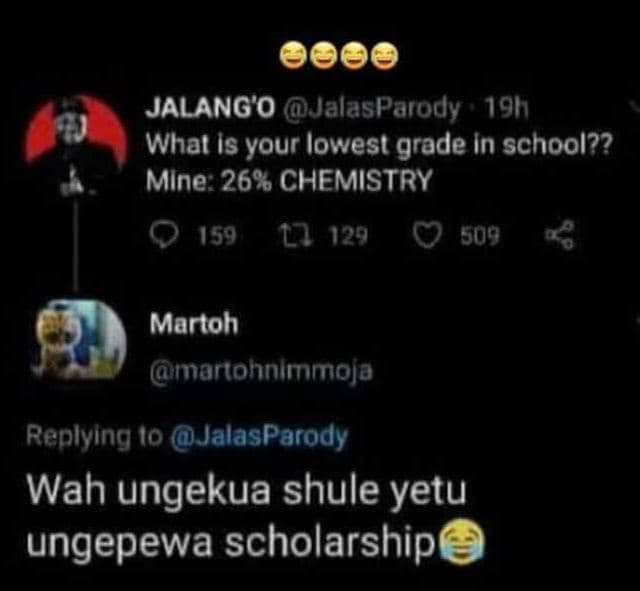 Jalango jalasparody 19h1 what is your lowest grade in school?? mine 26 chemistry