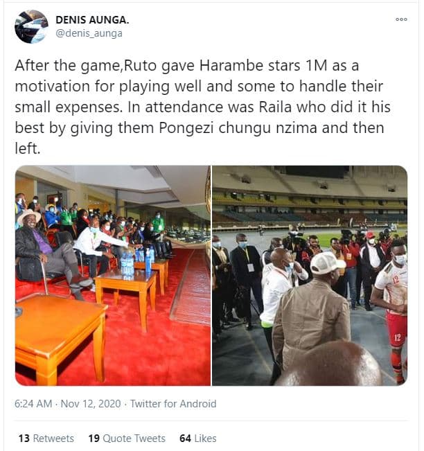 Denis aunga denis_aunga after the game ruto gave harambe stars 1m as a motivatio