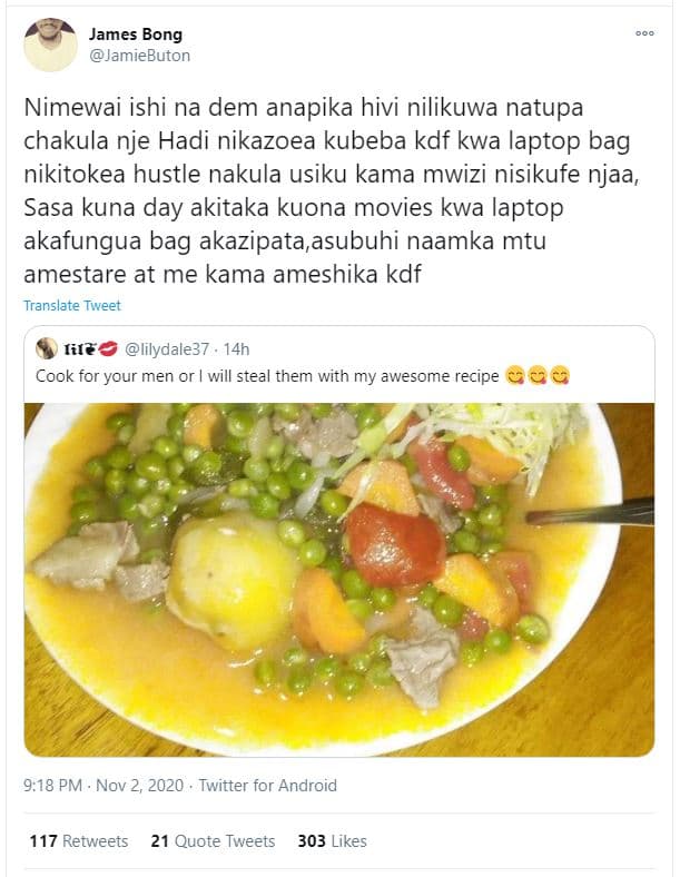 James bong jamiebuton nimewai ishi na dem anapika hivi nilikuwa natupa chakula n