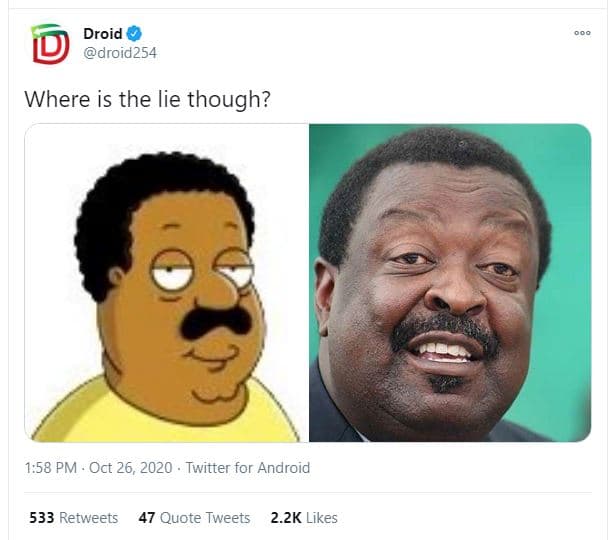 Droid droid 254 where is the lie though? 1.58 pm oct 26, twitter for android 533