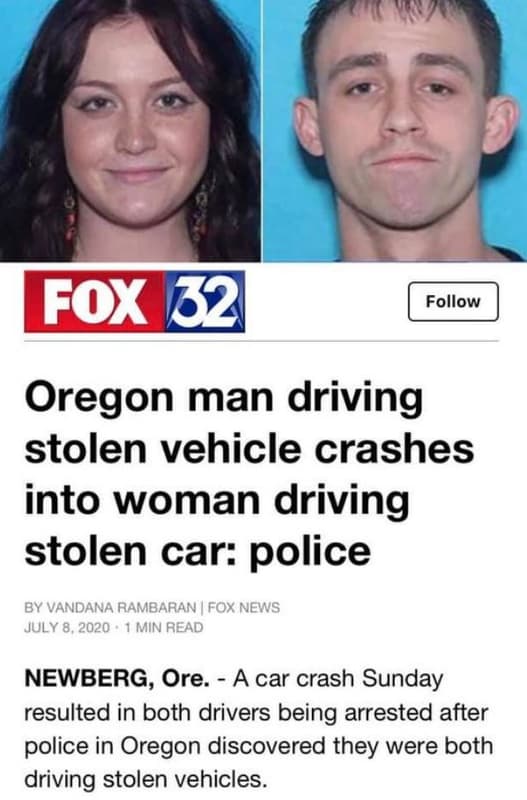 Fox 132 follow oregon man driving stolen vehicle crashes into woman driving stol