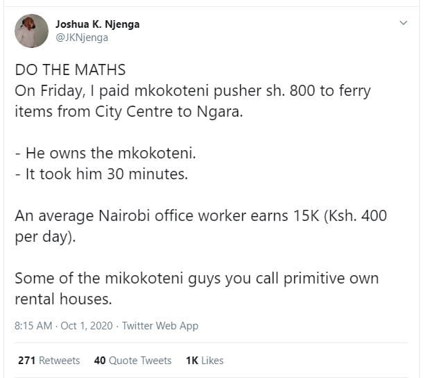 Joshua k. njenga jknjenga do the maths on friday, paid mkokoteni pusher sh. 800
