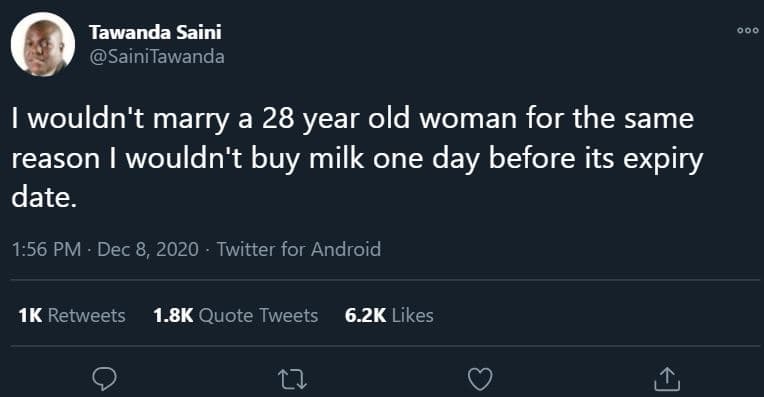 Tawanda saini sainitawanda wouldn't marry a 28 year old woman for the same reaso