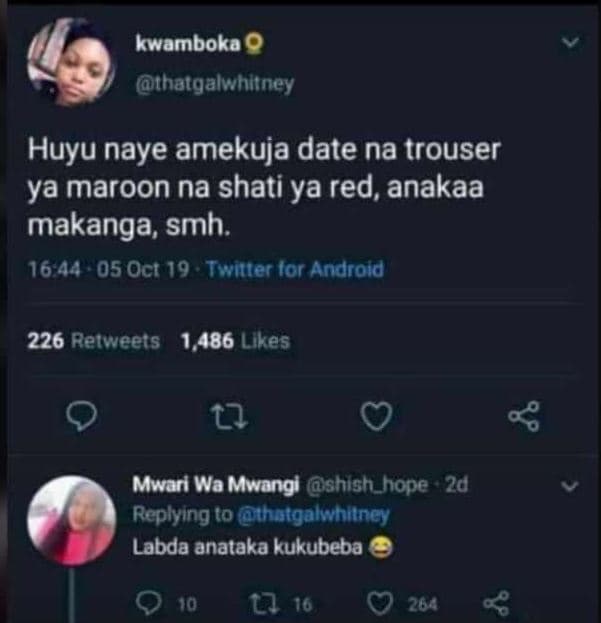 Kwamboka thatgalwhltney huyu naye amekuja date na trouser ya maroon na shati ya