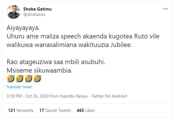 Shoba gatimu shobanes aiyayayaya. uhuru ame maliza speech akaenda kugotea ruto v