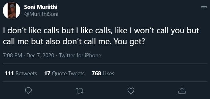 Soni muriithi muriithisoni don't like calls but like calls, like won't call you