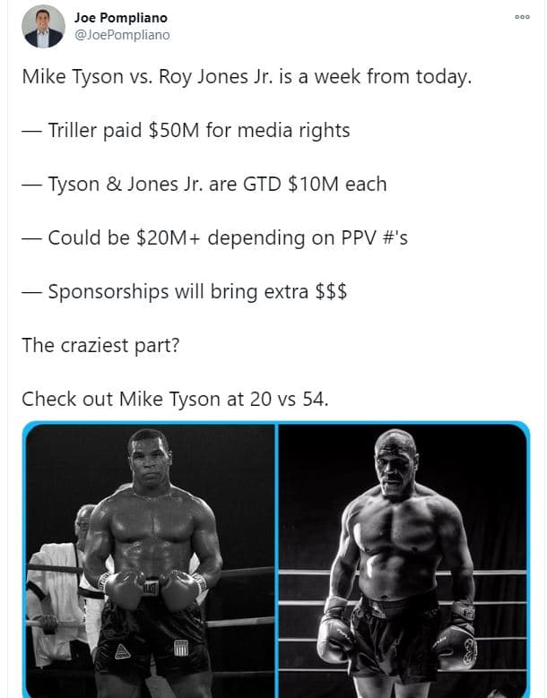 Joe pompliano joepompliano mike tyson vs. roy jones jr. is a week from today. tr