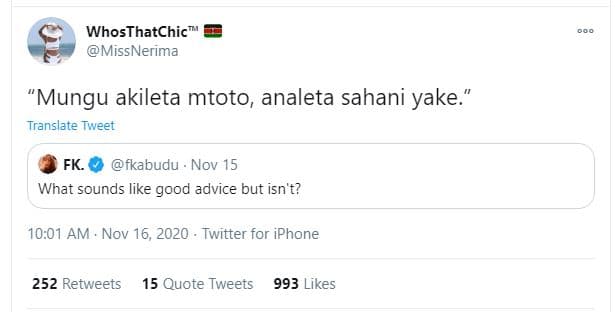 Whosthatchic missnerima mungu akileta mtoto analeta sahani yake' translate tweet