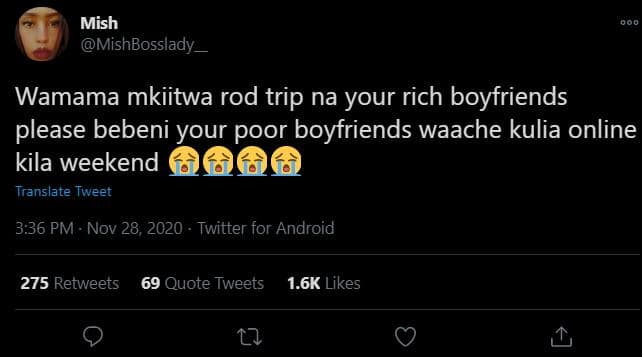 Mish mishbosslady wamama mkiitwa rod trip na your rich boyfriends please bebeni